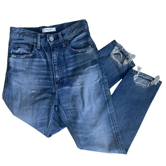 Moussy High Rise Distressed Boyfriend Jeans Blue 24 - Picture 2 of 8